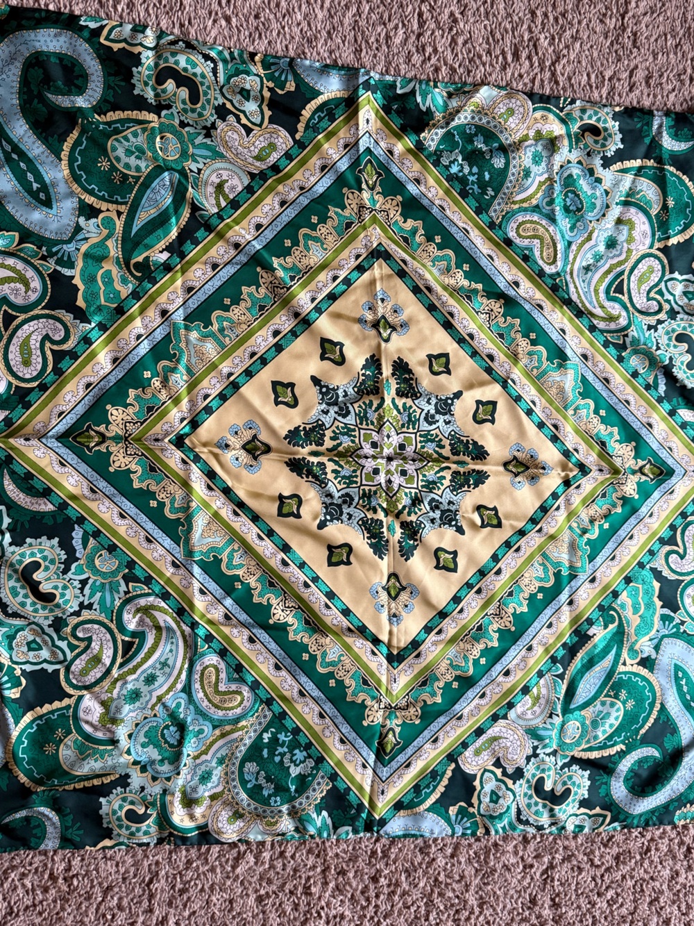 Talbots 34x34 Silk Square Green and Cream Paisley Floral Scarf